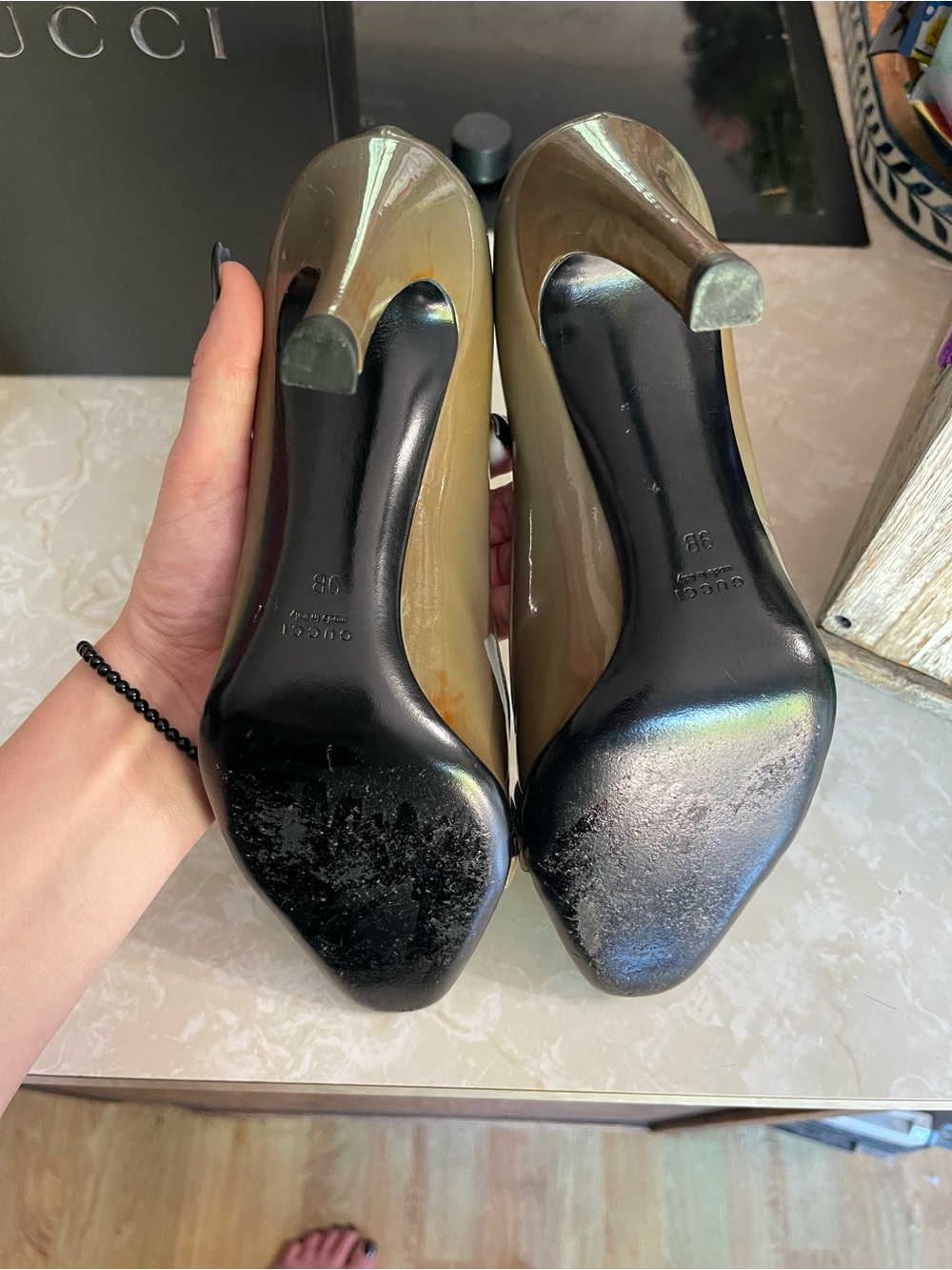 Gucci Patent Leather Buckle Pumps Heels Smoke Grey Gray Size 39B Italy Box flaw - Picture 10 of 15
